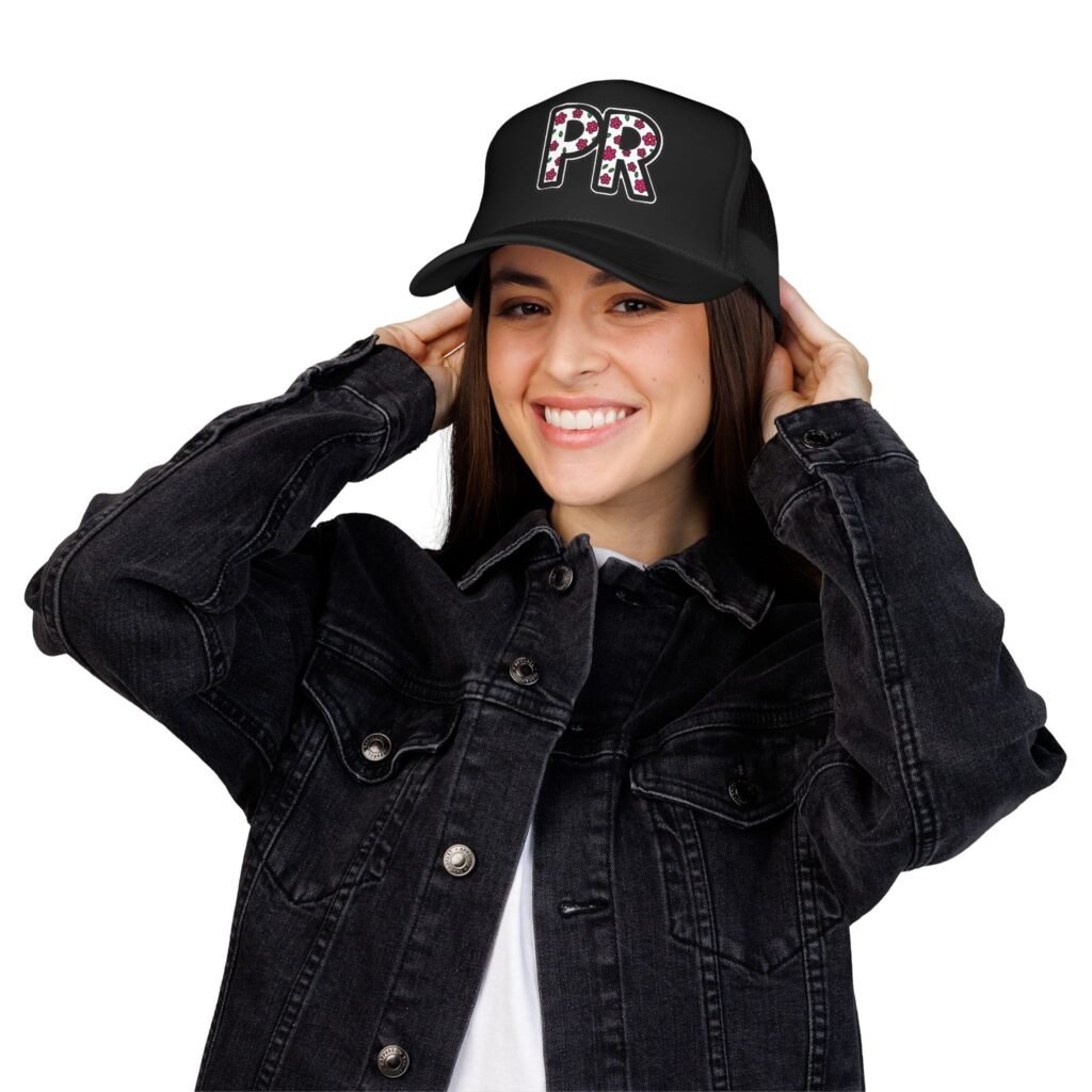 PR Floral Trucker Hat — Pink Rose Patch Foam Cap