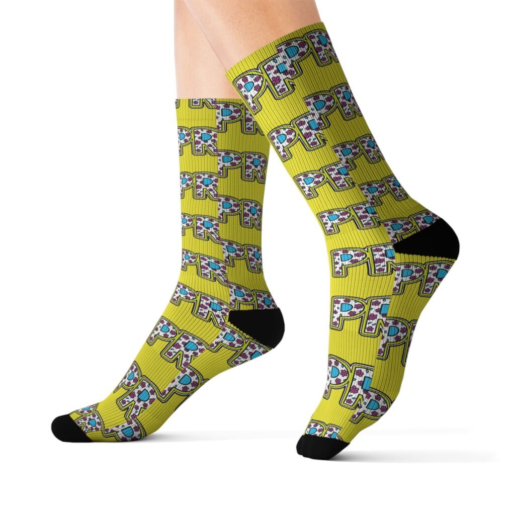 Yellow Floral Pattern Sublimation Socks — Repeating 'R' Monogram Crew Socks